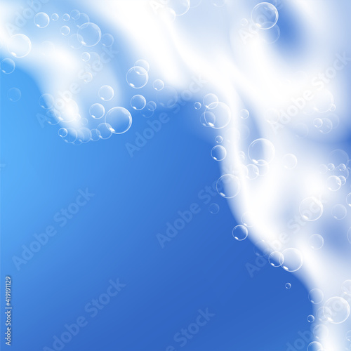 Beautiful blue background with realistic Soap foam with bubbles. Shampoo bubbles texture. Shiny washing hygiene detergent. Empty place for your text. Vector illustration