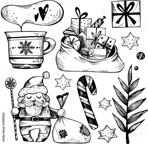 windy doodle illustration set of christmas symbols. santa claus, gifts, caramel, a sprig of spruce, a gift, a mug with a hot drink. hand drawing for printing on postcards, souvenirs, packaging, sticke