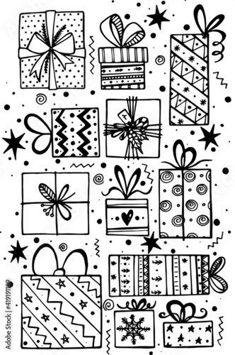 windy doodle illustration set of christmas gifts. hand drawing for printing on postcards, souvenirs, packaging
