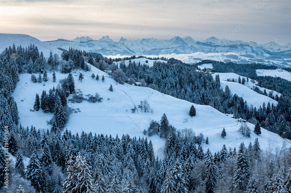 view from Lüderenalp over the hills of Emmental on beautiful winter morning