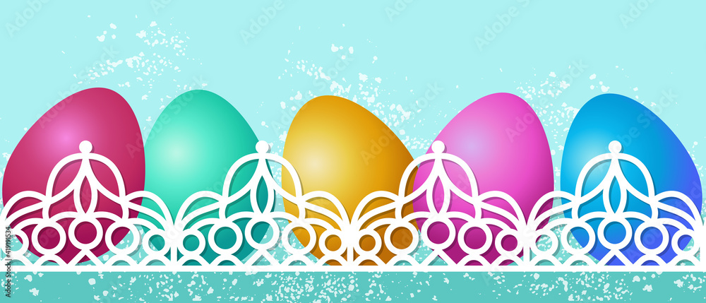 Horizontal seamless pattern with colored Easter eggs. Easter border with decorative ribbon. Vector illustration.