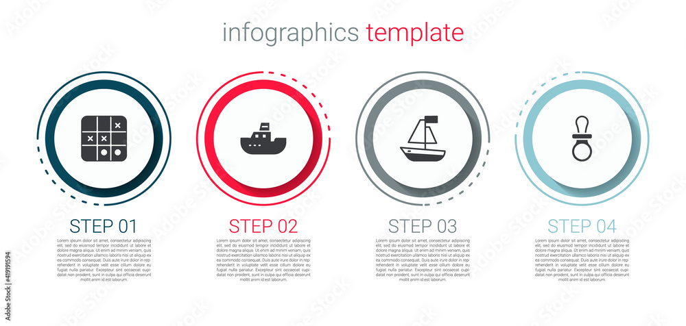 Set Tic tac toe game, Toy boat, and Baby dummy pacifier. Business infographic template. Vector. Set Tic tac toe game, Toy boat, and Baby dummy pacifier. Business infographic template. Vector.