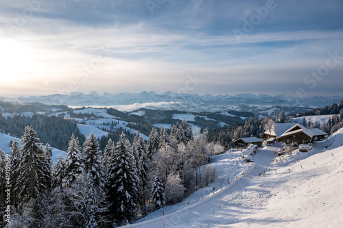 view from Lüderenalp over the hills of Emmental on beautiful winter morning