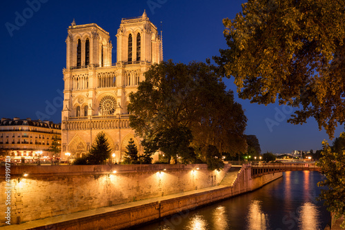 Notre Dame de Paris cathedral illuminated at dusk in summer with the Seine River banks (UNESCO World Heritage Site). Ile de la Cite, Paris, France