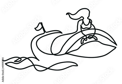 One line drawing of woman driving a motor boat One continuous line drawing of summer vacation concept.