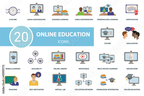 Online Education icon set. Contains editable icons online education theme such as audio conferencing, video conferencing, certification and more. © Mariia