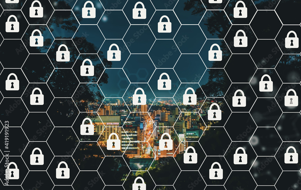 Cyber security with aerial view of city at night Cyber security with aerial view of city at night