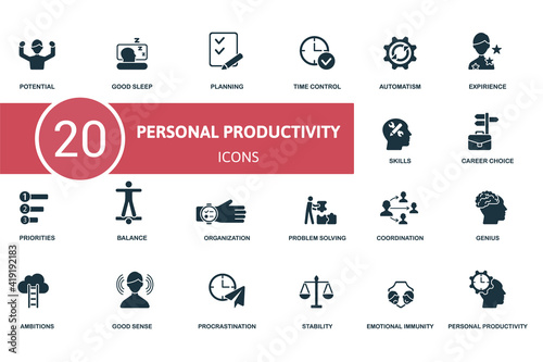 Personal Productivity icon set. Contains editable icons personal productivity theme such as good sleep, time control, experience and more.