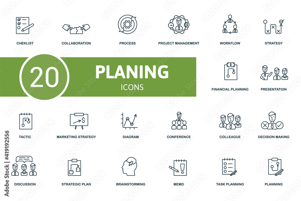 Planing icon set. Contains editable icons planing theme such as collaboration, project management, strategy and more.