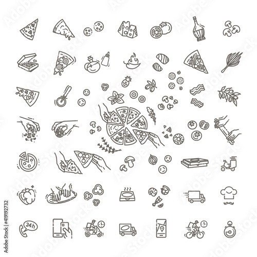 Italian traditional pizza vector outline icons set