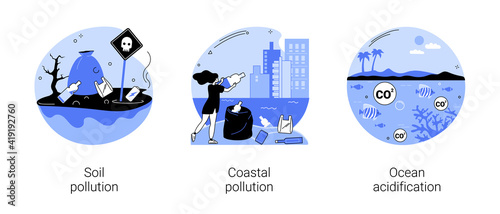 Environmental change abstract concept vector illustration set. Soil and coastal plastic pollution, ocean acidification, agricultural chemicals, water contamination, microplastic abstract metaphor.