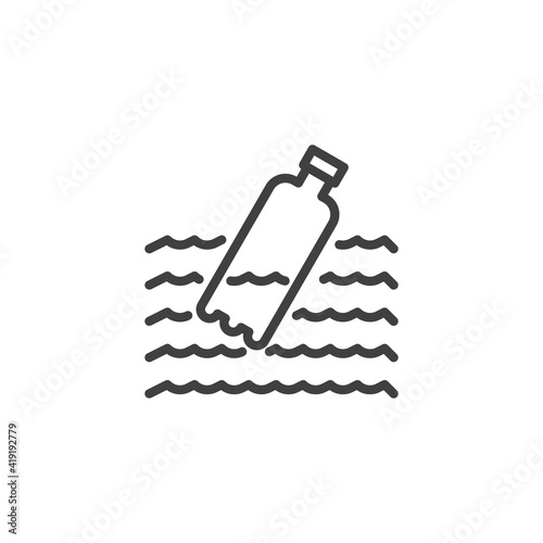 Plastic bottle floating in sea line icon. linear style sign for mobile concept and web design. Plastic water pollution outline vector icon. Symbol, logo illustration. Vector graphics