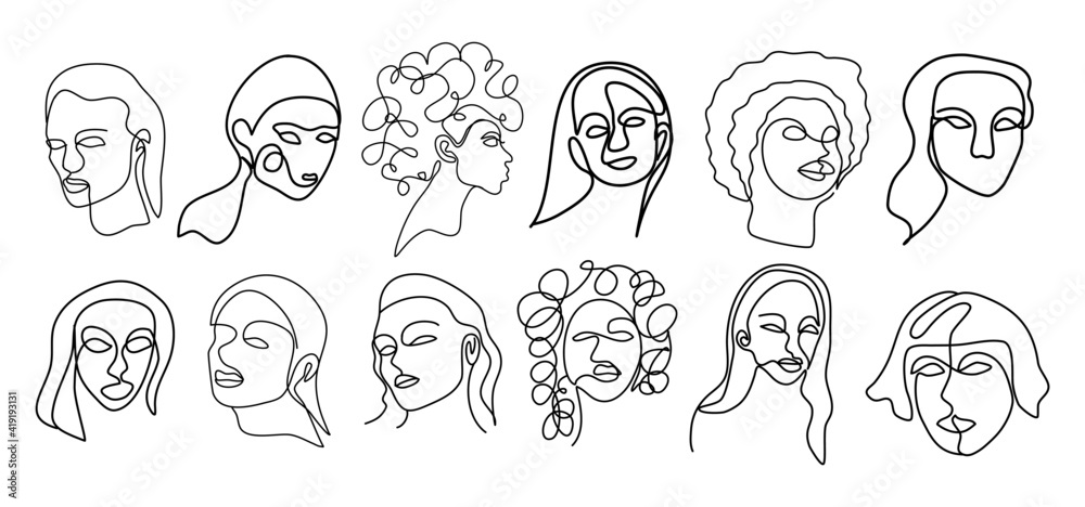 beautiful line art surreal abstract human face. women collection set