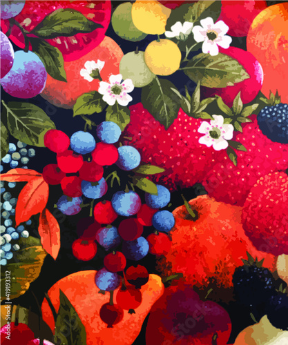 Illustration vectorielle de fruits en motifs colorés dans un style tapisserie