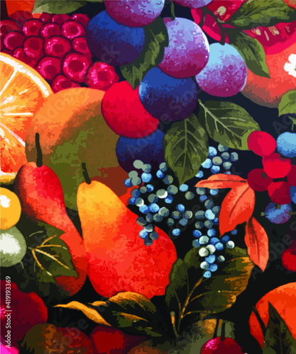 Illustration vectorielle de fruits en motifs colorés dans un style tapisserie