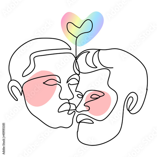 beautiful line art surreal abstract human face of men couple with heart in rainbow tone color. Concept of supporting human rights and sexual freedom and lgbtq.