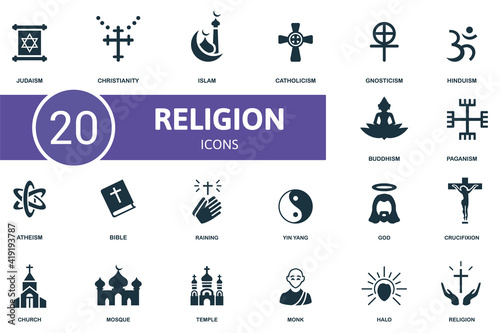 Religion icon set. Contains editable icons religion theme such as christianity, catholicism, hinduism and more.