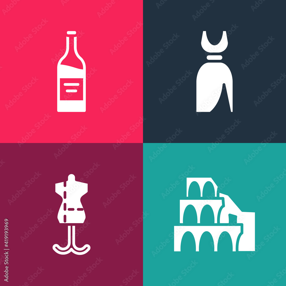 Set pop art Coliseum in Rome, Mannequin, Woman dress and Bottle of wine icon. Vector.