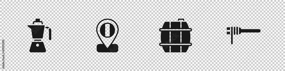 Set Coffee moca pot, Location flag Italy, Barrel for wine and Pasta spaghetti icon. Vector. Set Coffee moca pot, Location flag Italy, Barrel for wine and Pasta spaghetti icon. Vector.