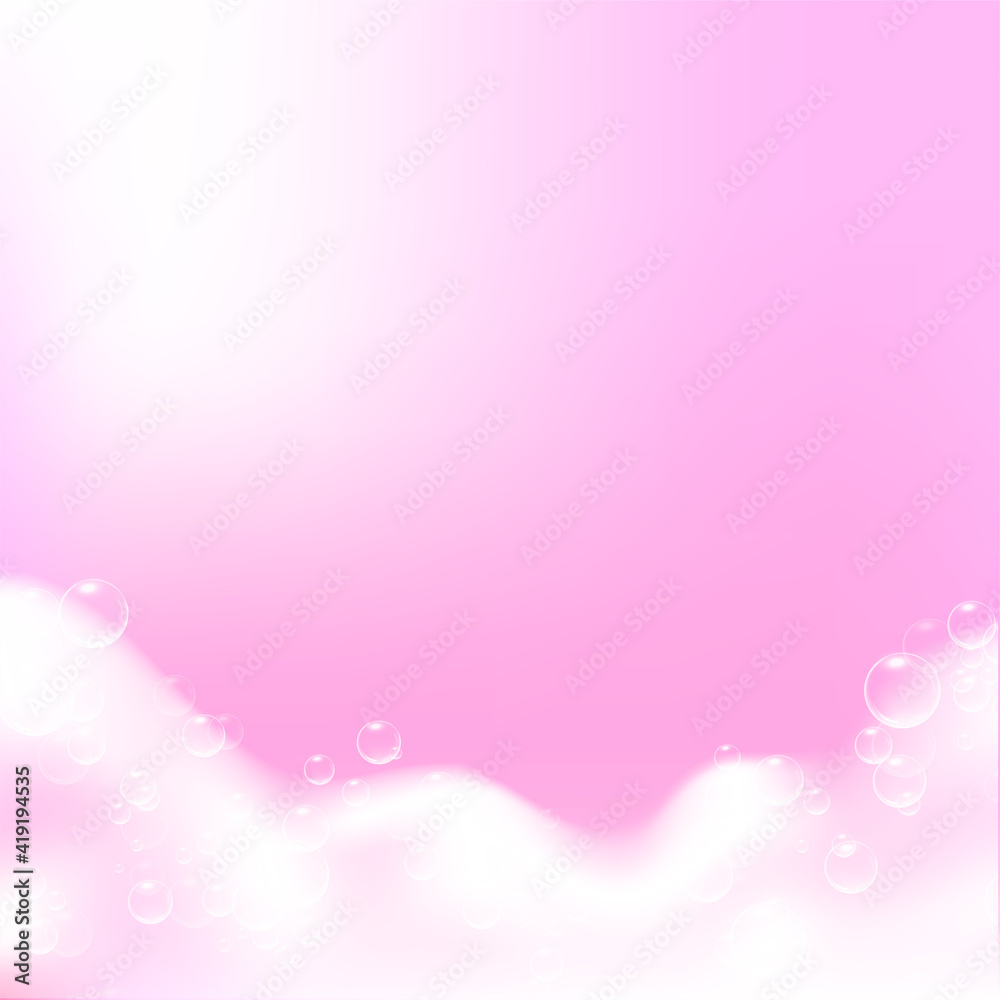 Beautiful light background with Bath pink foam and empty place for your text. Shampoo bubbles texture. Sparkling pink shampoo and bath lather. Vector realistic illustration. Beautiful light background with Bath pink foam and empty place for your text. Shampoo bubbles texture. Sparkling pink shampoo and bath lather. Vector realistic illustration.
