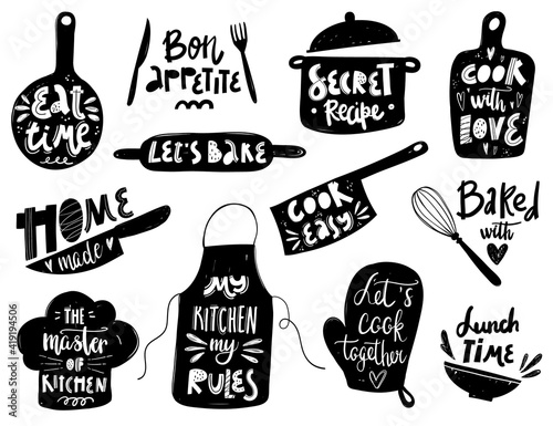 Hand written vector cooking lettering set on white background. Vector cooking lettering set with kitchenware silhouette. Design concept for cooking classes, courses, food studio, cafe, restaurant.