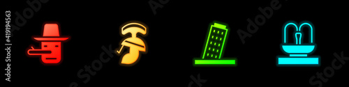 Set Pinocchio, Roman army helmet, Tower Pisa and Fountain icon. Vector.