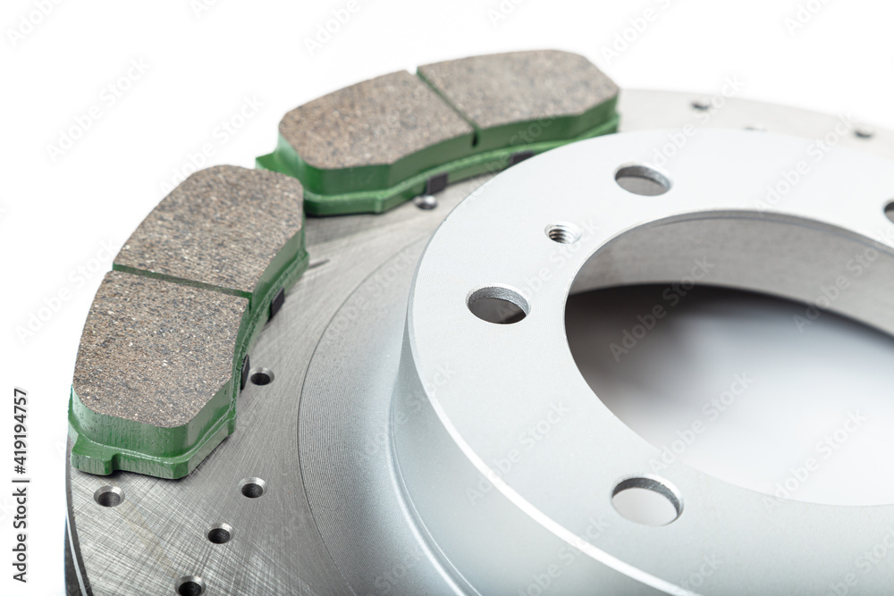 Perforated brake discs, ceramic pads - everything for better braking. on a white background