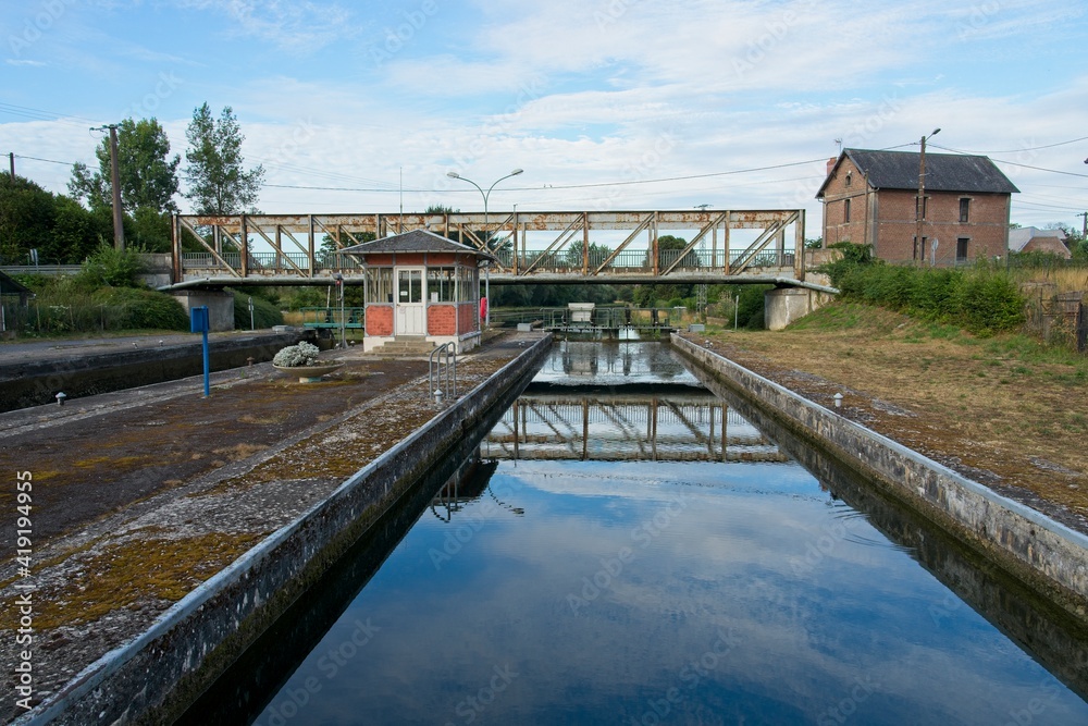 Naklejka premium Fontaine-les-Clercs France - 27 July 2020 - Locks in Canal de St Quentin in France