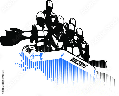 whitewater rafting design with rubber raft and tourists paddling into the rapids