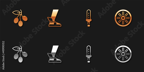 Set Olives branch, Hermes sandal, Medieval sword and Old wooden wheel icon. Vector.