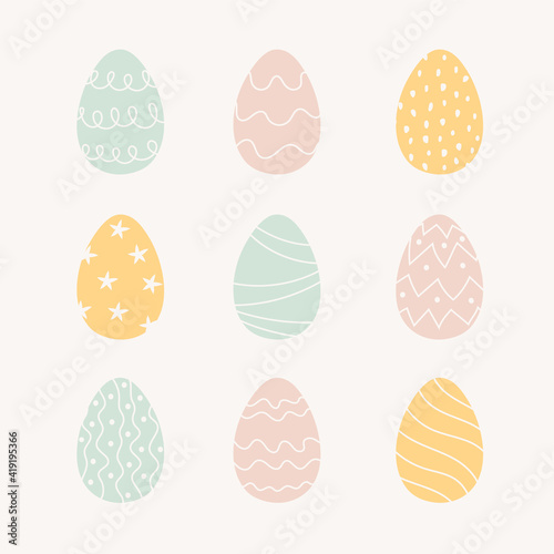 Happy easter. Set of Easter eggs with different textures on a white background. Spring holiday. Set of Easter eggs with geometric and floral patterns. Vector illustration