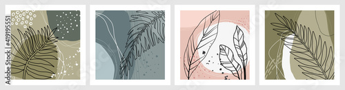 Set of vector hand drawn artistic summer postcards with tropical palm leaves, organic shapes and textures.