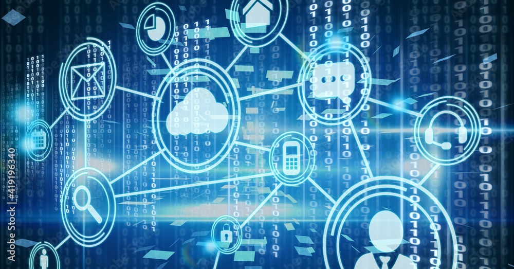 Network of digital icons against binary coding data processing on blue background Network of digital icons against binary coding data processing on blue background