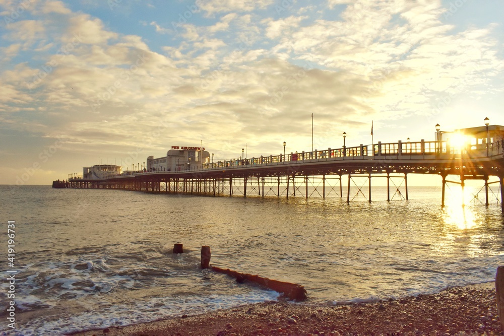 sunset at the pier. English coast.  Worthing 