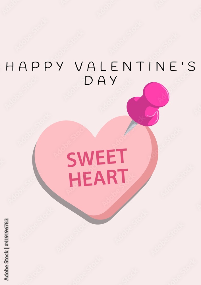 Happy valentine's day text and sweet heart text in pink heart with pin on pink background