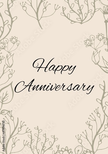 Happy anniversary text with illustration of plants on cream background