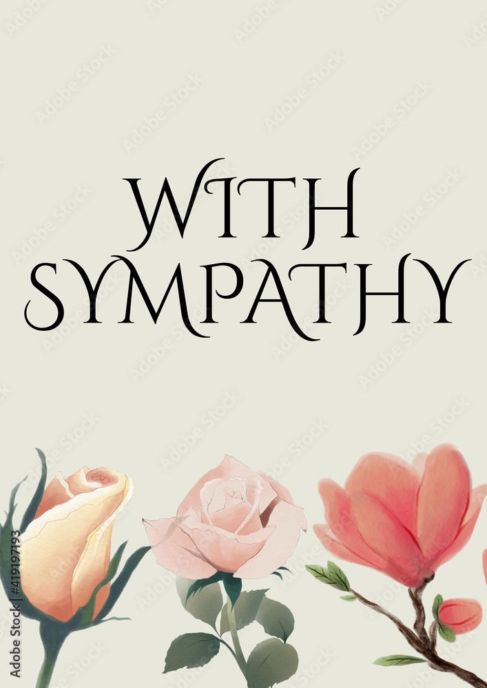 Ταπετσαρία With sympathy text with illustration of flowers on cream background