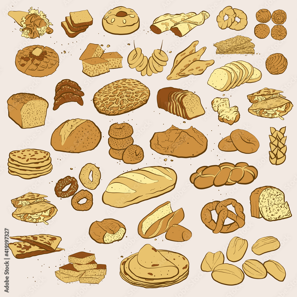 Hand drawn baked goods lined up Hand drawn baked goods lined up