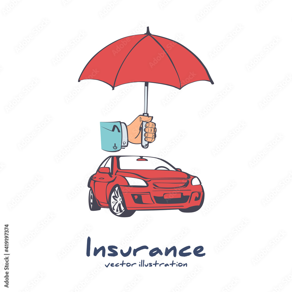Insurance car. Cartoon style umbrella that protects the car. Safety auto concept. Vector illustration sketch icon design. Isolated on white background. Vehicle protection.