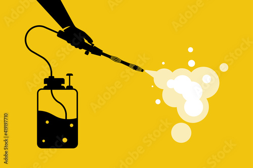 Cleaning and disinfecting coronavirus black silhouette icon. Atomizer and sprayer. Man in hazmat suit and gloves. Pandemic risk. Vector illustration flat design. Epidemic spread precautions.