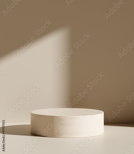 Brown product display podium in room with light of window background. 3D rendering
