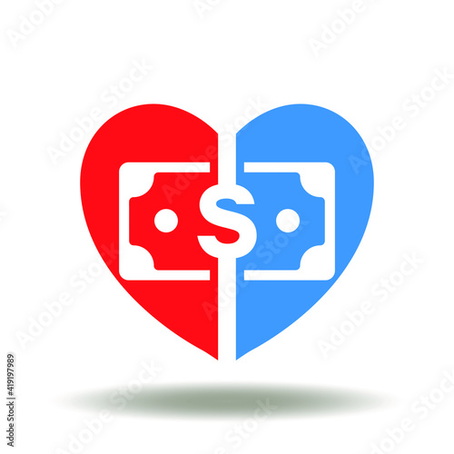 Heart and dollar banknote vector icon. Love and Money Illustration. Health insurance symbol. Charity and donation sign.