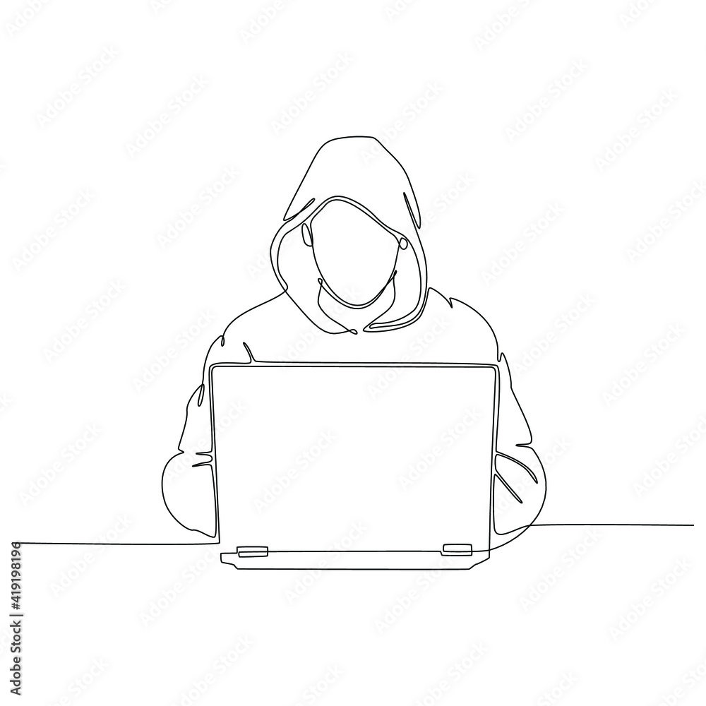 Continuous line drawing of male hacker with laptop vector illustration