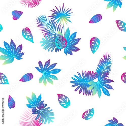 Pattern vector neon tropical leaves of palm  monstera  fern. Pink  purple and blue plants