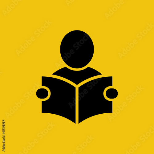 Reading instructions. Silhouette of a man with an open book. Mandatory study of the tutorial. Guide for use. Instructions for the equipment. Vector pictogram flat design. Isolated on background.