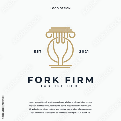 Creative Law office with fork and pillar icon logo design vector illustration. Justice law firm with fork and pillar logo design color editable