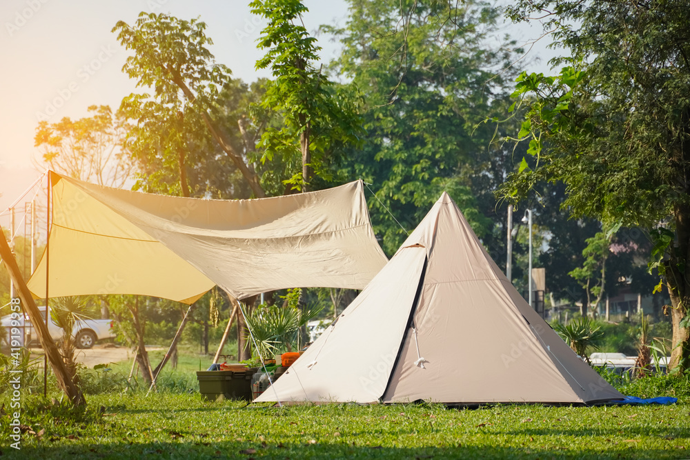 Camping ground in the park, Tourist tent close up      