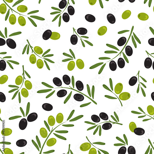Olive branch leaf vector seamless patetrn, italian fruits, green and black olive background, hand drawn plant. Nature illustration
