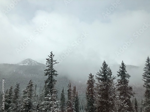 snow cloud blowing through alpine valley