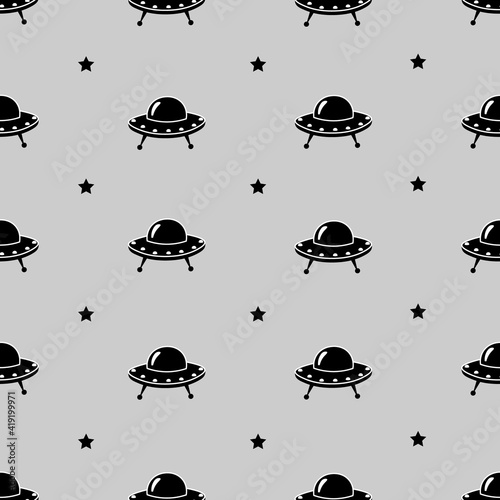 Seamless vector pattern with ufo, spaceship. Unknown Flying Object.